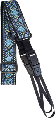 Wikinger BAUMWOLL BANJO ARMBAND, blaues Muster, Lederschlaufen mit Clip an beiden Enden.