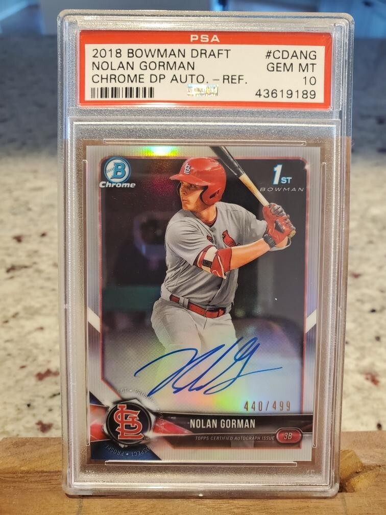 2018 Bowman Draft Chrome Pick Refractor /499 Nolan Gorman PSA 10 GEM MT Auto