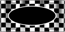 Waving Checkered Flag With Black Center Oval License Plate Tag LP1426