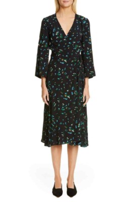 GANNI Black and Green Viscose Floral Print Wrap Midi Dress Size