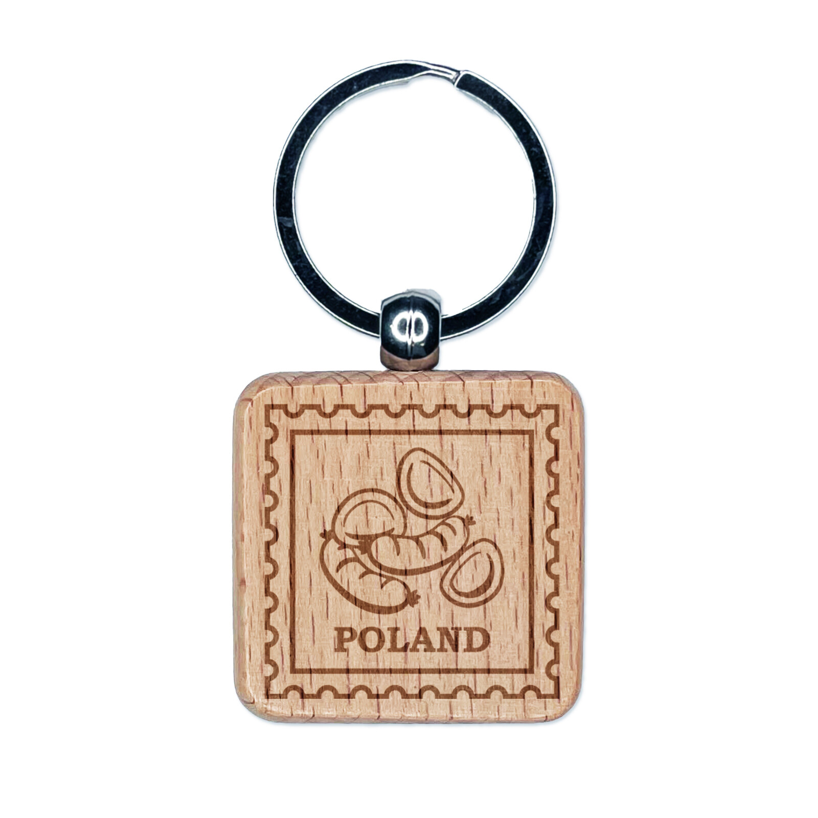 Poland Travel Sausages and Pierogies Engraved Wood Square Keychain Tag Charm