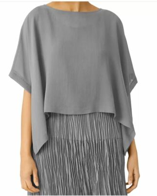 EILEEN FISHER SYSTEM SHEER SILK GEORGETTE WRAP/PONCHO STEEL GRAY S/ M~NWT