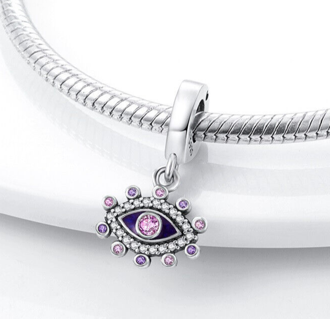 Hamsa Evil Eye Purple Protection Charm in 925 Sterling Silver