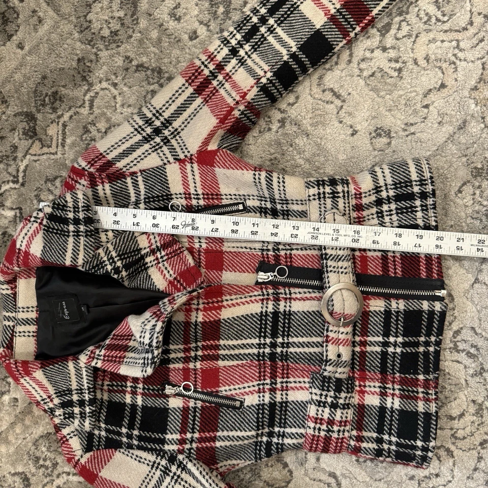 Chaqueta de moto Express roja blanca negra a cuadros de lana con cinturón XS Y2K 90s Grunge Foto 4 de 4