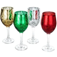 Etched Glass Colored Christmas Holiday Wine Glasses Decorative Drinkware, 4pcs
