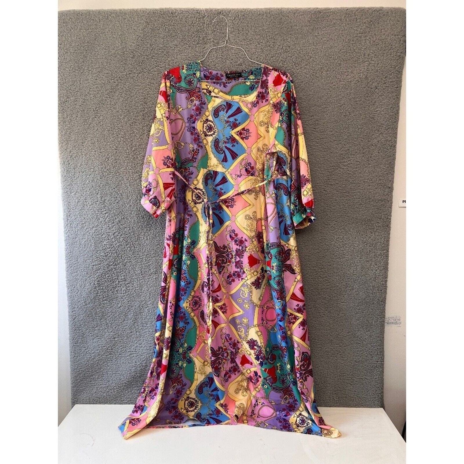 Womens Maxi Dress XL Pullover Bright Colorful Chain Print Satin 3/4 sleeve Tie