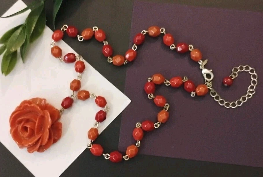 Дизайнерский AVON акриловый лосось ржавчины тонированный бисер роза подвеска 16» + ADJ. Ожерелье! - Изображение 2 из 4