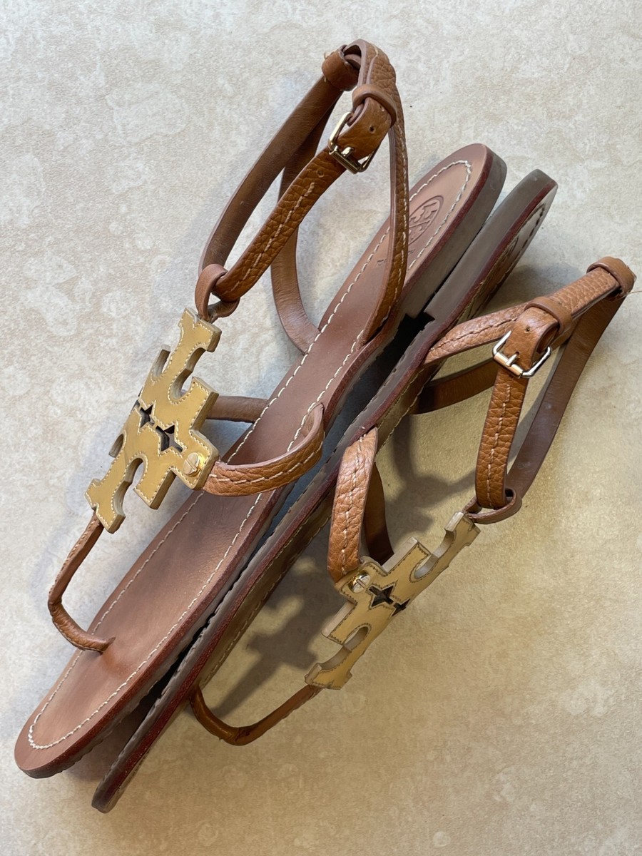 Tory Burch Sandals Womens 9 Shoes Brown Gold Big Logo
