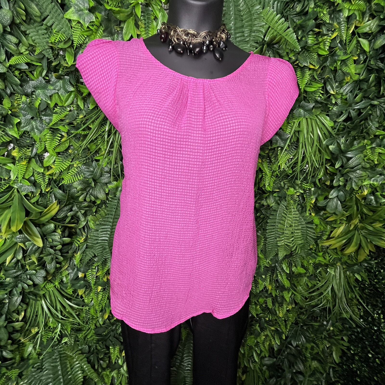 Women Tops Large Pink Short Sleeve Crinkle Plaid Design IMPULSIVE 0660