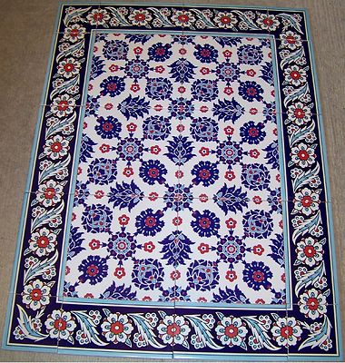 Turkish Iznik Blue & White Daisy Pattern Border 32''x24'' Ceramic Tile Mural Panel