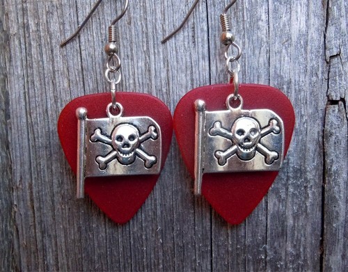 Skull and Crossbones Pirate Flag Charm Guitar Pick Earrings - Pick Your Color - Picture 3 of 15