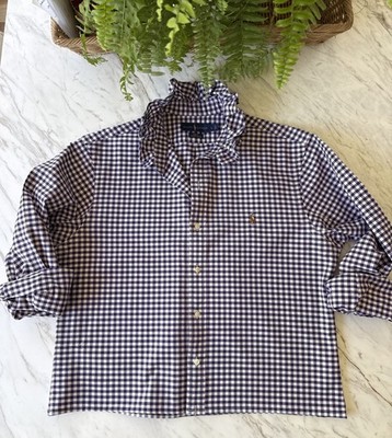 Reworked Upcycled RALPH LAUREN Oxford Purple Gingham Check Shirt Ruffle Collar L