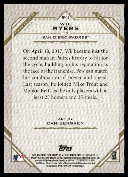 2017 Topps Gallery #MP-15 Wil Myers Masterpiece Blue #/99 - Image 2 of 2
