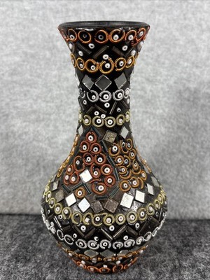 Boho Mosaic Vase Handmade Polymer Clay Beads Mirrors Black Gold Orange