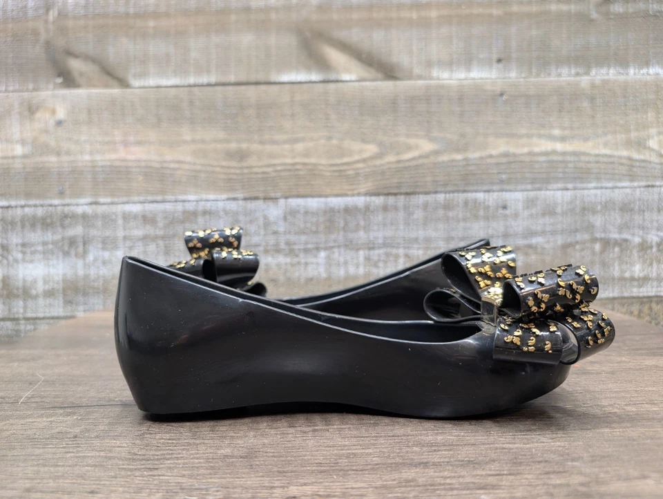 Zapatos planos de ballet Melissa negros dorados con lazo grande para mujer talla 6/37 Foto 4 de 4