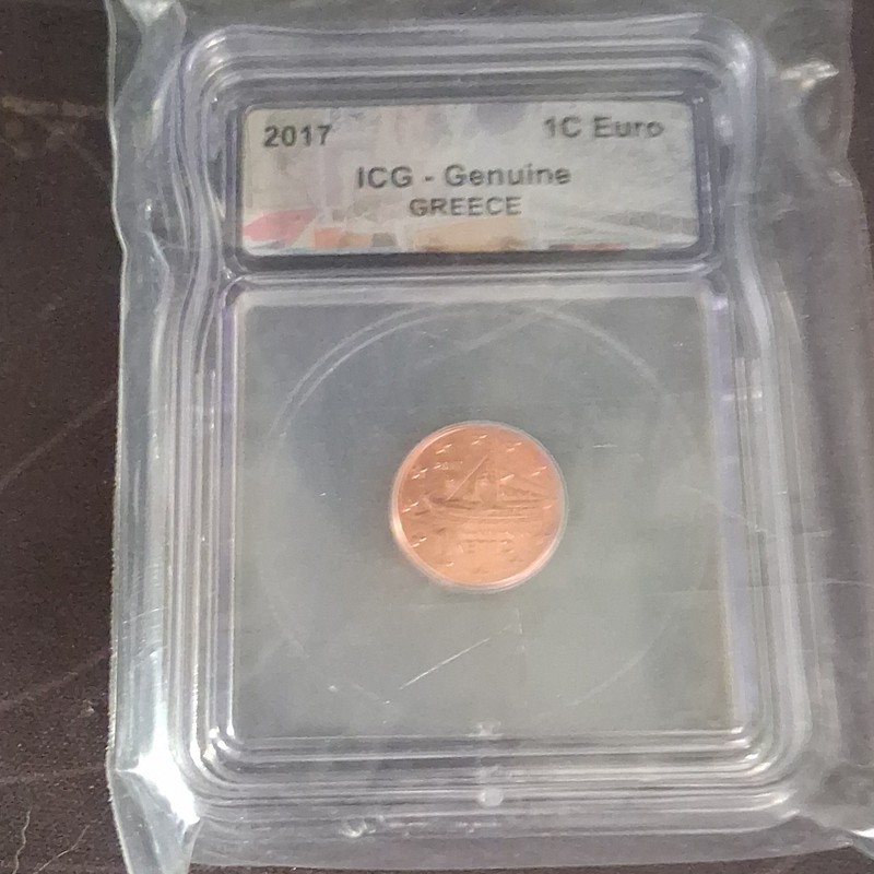 2017 Greece Euro 1 Cent Coin Copper Plated Steel KM#213 ICG Genuine Slab