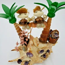 Vintage Sea Shell Folk Art Sculpture Figure Frog Fishing Couple Ocean Nautical