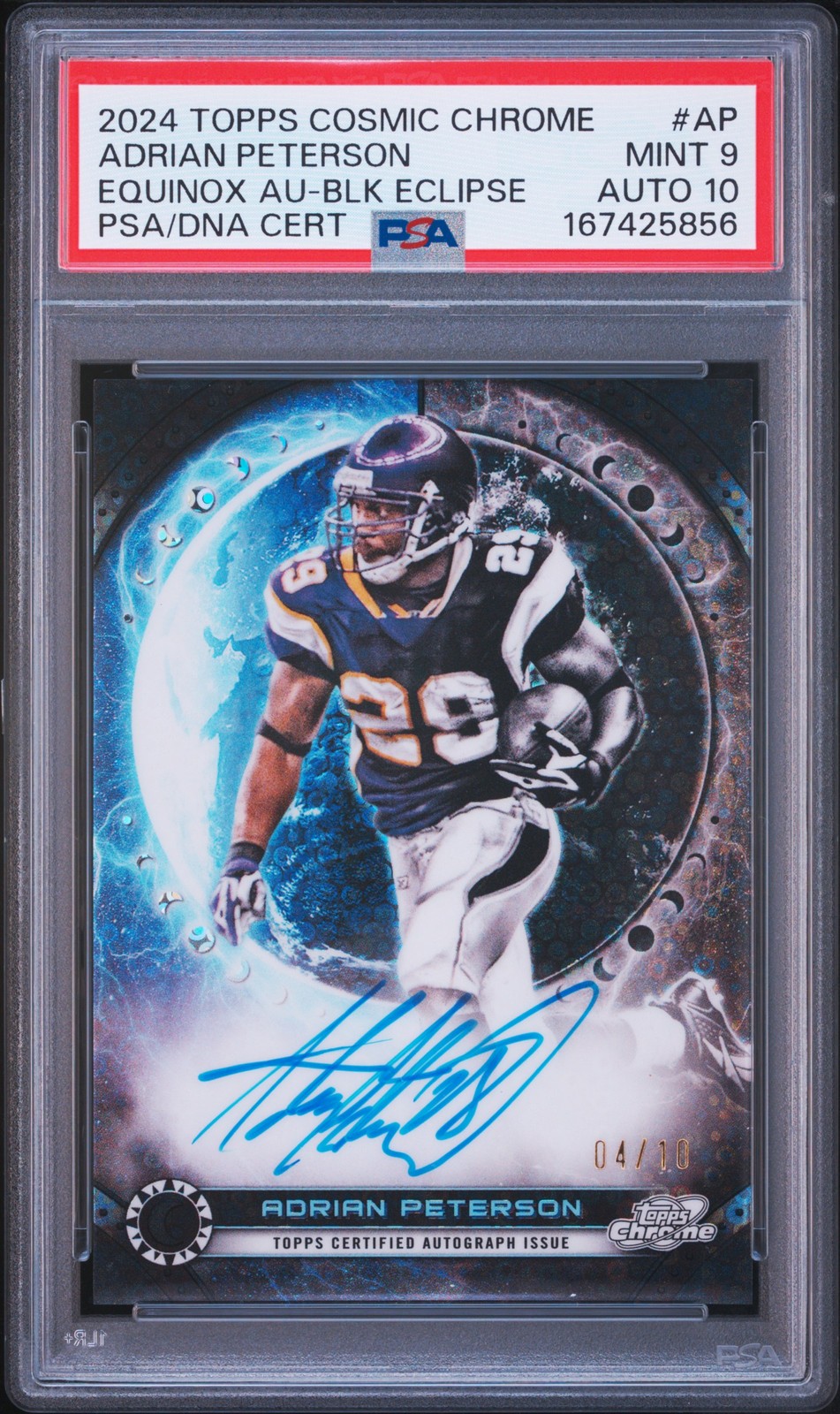Adrian Peterson #EQA-AP Football Cards 2024 Topps Cosmic Chrome Equinox Autograph trading card — raw and PSA graded price guide