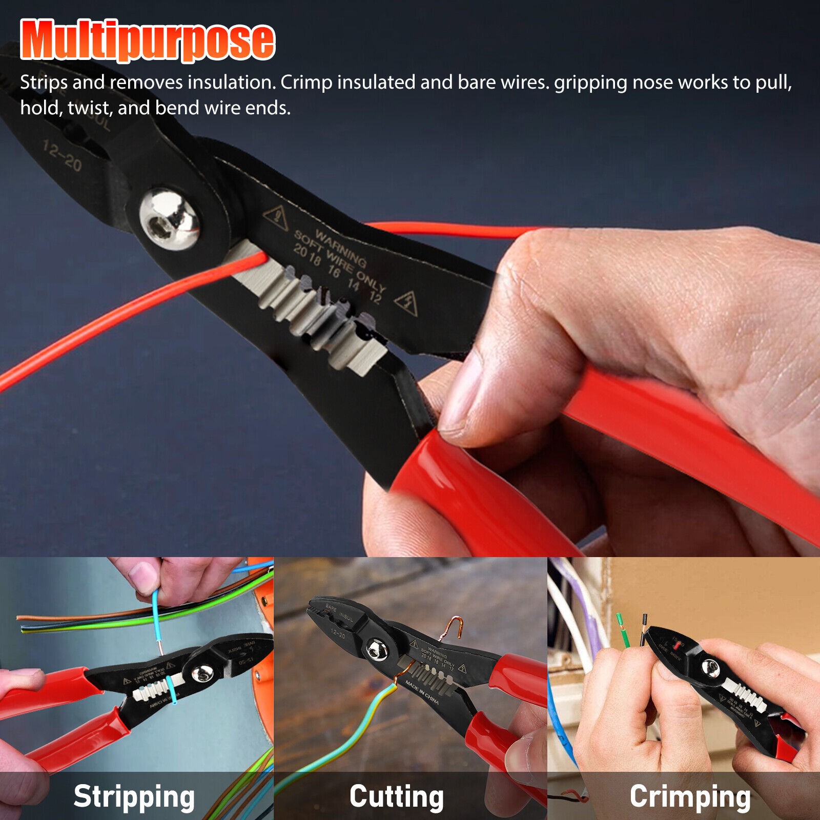 4in1 Wire Service Pliers Crimper Stripper Cutter Gripping for 12-20AWG Cable
