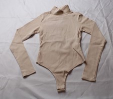 Lulus Women's Ribbed Long Sleeve Mock Neck Bodysuit BL1 Beige Small NWT