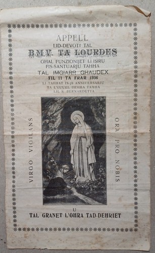 SELTENE Malta GOZO religiöse Broschüre Appell Devoti BVM Lourdes Imgarr Ghawdex 1936