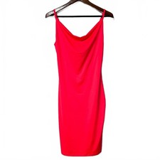 OLIA Bodycon Midi Dress Cowl Neck Hot Neon Pink Medium USA made Sleek 90s