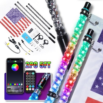 2x 5FT RGB LED Spiral Whip Light Chasing Antenna Reverse Brake for Pickup Truck