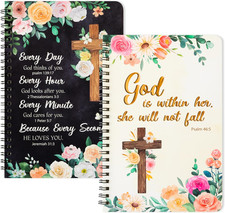 2Pack A5 Floral Cross Religious Spiral Notebooks, She Will Not Fall Bible Verse