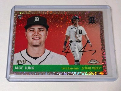 2025 Topps Chrome Platinum #257 Jace Jung (RC) Rose Gold Mini Diamond /75