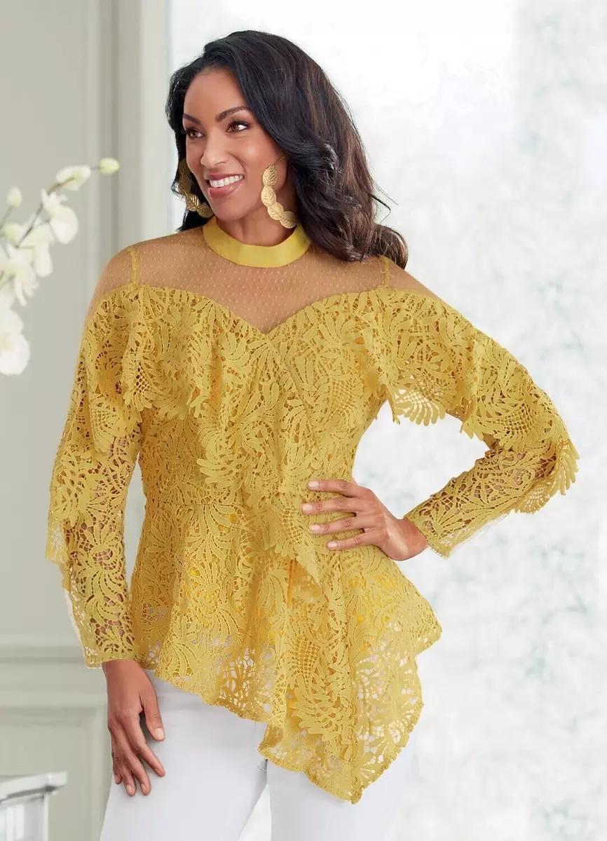 Size 1X PLUS Yellow Avella Lace Top Blouse Formal DInner Date Church NEW