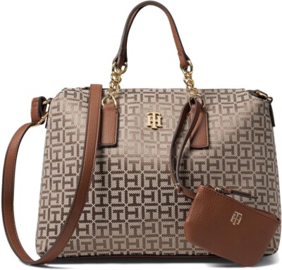 Tommy Hilfiger Beige/brown Convertible Satchel Hangoff Square Monogram Jacquard