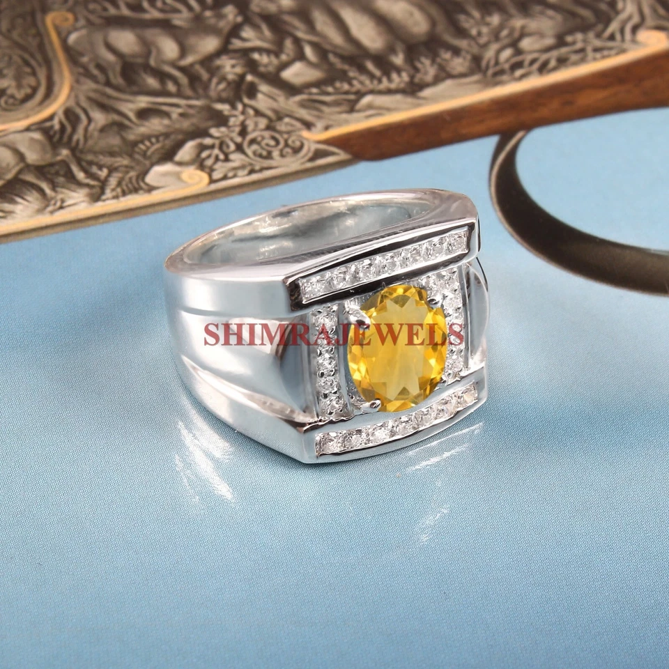 Naturale Citrino Gemma Con 18K Placcato Oro Bianco Argento Uomo Anello #314 - Immagine 2 di 4