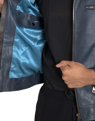 DOLCE & GABBANA Jacket Blue Leather Full Zip Biker Blouson IT48/US38/M $ $5600 - Picture 6 of 11