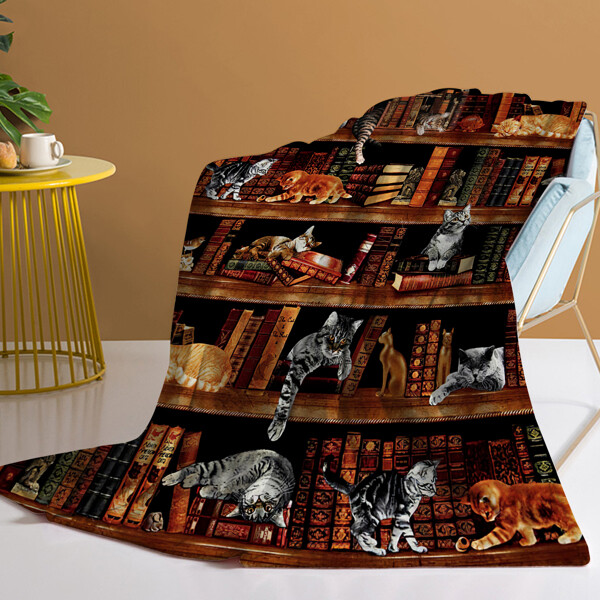Vintage Kitten Flannel Blanket with Cat in Bookshelf Design for Book Lovers  