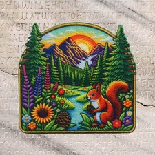 Explore Nature Patch Iron-on Applique Mountains Forest Squirrel Decorative Badge