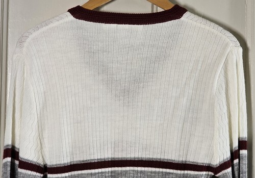 VTG Sweater Justin Blake Sportswear Men Size M Ivory Burgundy Striped V-neck - Picture 13 of 23