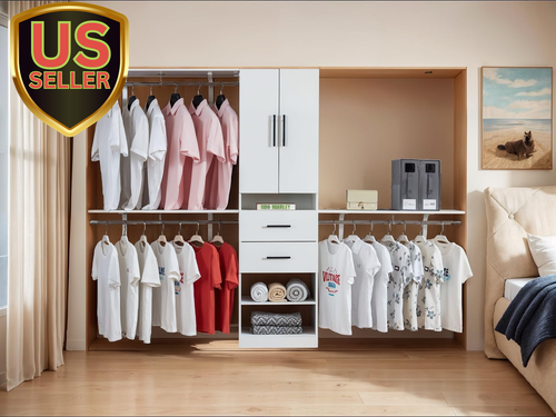 8FT Closet System with 2 Drawers Kit and 3 Hang Rods, Closet Organizer with 3...