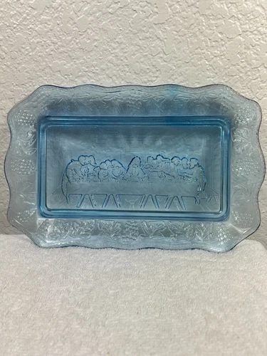 VTG Clear Blue Tiara Indiana Glass Bread Plate Tray "The Last Supper" 11" x 7"