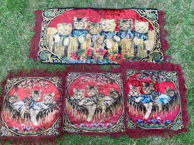 1x Vintage Katzenteppich & 3x Kissenbezüge Teppichmaterial 30er 40er 50er Kitsch