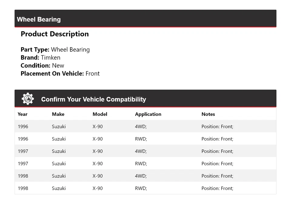 Cojinete de rueda delantero Timken 1997 para Suzuki X-90 1996-1998 Foto 2 de 4