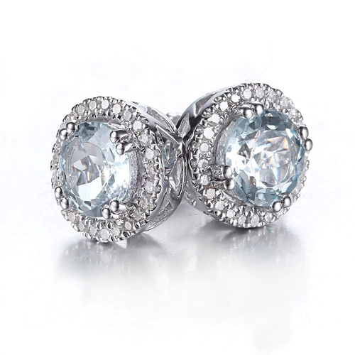 3ct Round Cut Blue Aquamarine Halo Diamond Stud Earrings 14ct White Gold Over - Picture 3 of 6