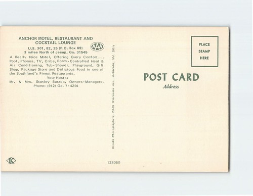Postcard Anchor Motel Restaurant And Cocktail Lounge Jesup Georgia USA - Picture 2 of 2