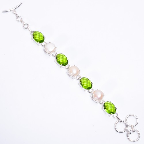 Lab-Created Peridot Biwa Pearl Gemstone 925 Silver Handmade Bracelet 6-8" ARB781 - Picture 2 of 3