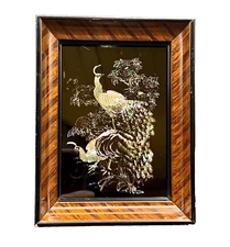 Vintage Asian Peacock Flowers Abalone Shell Reverse Painting in Frame - 4" H