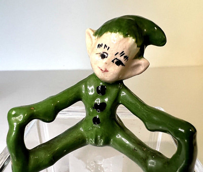  Vintage Ceramic Green Pixie Elf Sitting in Green 1950's