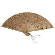 Vintage Carved Bamboo Wooden Hand Fan with Original Box Brown