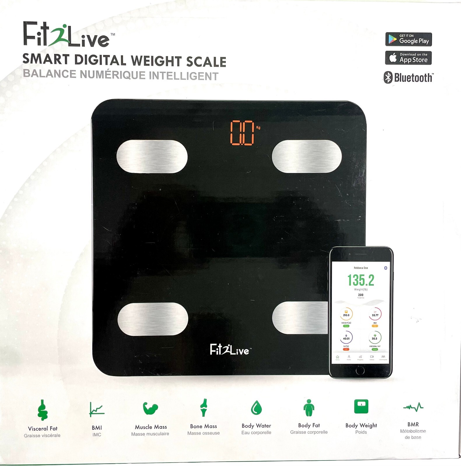 Fit2Live Digital Bathroom Weight Scale, Bluetooth iOS and Android App