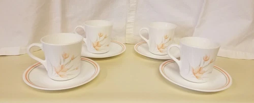Vintage Corelle Corning 4 sets Peach Floral Coffee Mugs Teacup Cups and Saucers 