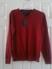Men's TOMMY HILFIGER Cotton Cashmere Jumper V-Neck Cardigan Sweater Wine Red SM