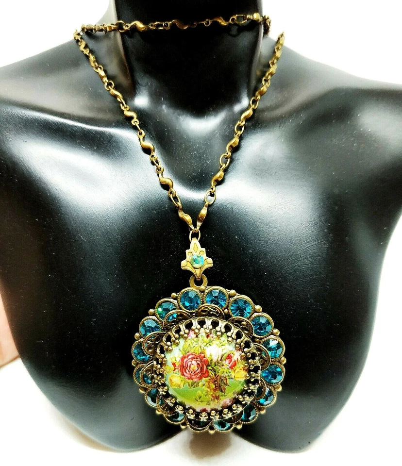 Precioso Collar Medallón Michal Negrin Flores Cristal Azul. Foto 2 de 4